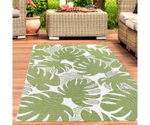 CARPETIA Tapis d'extérieur Moderne résistant aux intempéries Facilement réversible Tapis Plastique Camping Balcon Jardin terrasse Feuilles de Palmier Vert/Blanc 120 x 170 cm