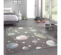 CARPETIA Tapis Enfant étoiles et planètes de l'espace Gris Pastel Größe 80x150 cm