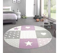 CARPETIA Tapis Enfants Tapis de Jeu Tapis bébé Fille avec Coeur étoile Lilac crème Gris Größe 120 cm Rund