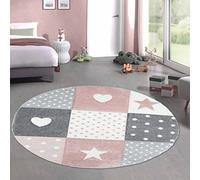 CARPETIA Tapis Enfants Tapis de Jeu Tapis bébé Fille avec Coeur étoile Rose crème Gris Größe 120 cm Rund