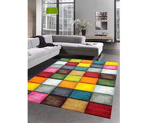 CARPETIA Tapis Moquette Salon Moderne Karo Gris Jaune Bleu Rouge Größe 80x150 cm