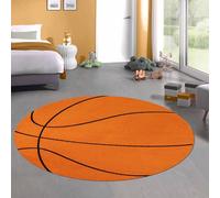 CARPETIA Tapis pour chambre d'enfant - Motif basket-ball - Rond - Doux - Résistant - Facile d'entretien - Tapis de sport pour salle de jeux, chambre d'adolescent - Orange et noir - 200 cm - Rond