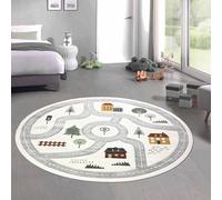 CARPETIA Tapis pour chambre d'enfant - Motif de rue - Plan de ville - Tapis rond - Doux et robuste - Facile d'entretien - Pour salle de jeux - Crème pastel - 160 cm - Rond