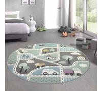 CARPETIA Tapis pour Enfants Tapis avec Rues Voitures et Maisons Bleu Vert Größe 120 cm Rund