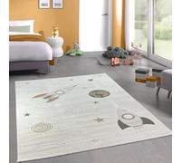 CARPETIA Tapis pour salle de jeux, chambre d'enfant, chambre de bébé, grand tapis spatial XXL avec fusées, facile d'entretien, doux, certifié sans substances nocives, durable, sûr, crème, gris, beige