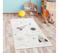 CARPETIA Tapis pour salle de jeux, chambre d'enfant, chambre de bébé, motif spatial avec fusées et planètes, facile d'entretien, doux, sans substances nocives, durable, moderne, tapis d'éveil, crème