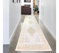 CARPETIA Tapis Salon Chambre Ornements Brillants méandres Couloir Long Court Orient élégant crème Or 100x300 cm