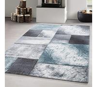 Carpetsale24 Tapis 140 x 200 cm, poils courts, contours découpés, bleu, gris, blanc, carreaux, lavable, entretien facile, extra doux, salon, chambre, salle à manger