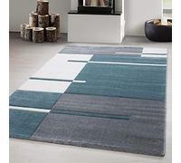 Carpetsale24 Tapis 160 x 230 cm, poils courts, contours découpés, bleu, gris, blanc, carreaux, lavable, entretien facile, extra doux, salon, salle à manger, chambre