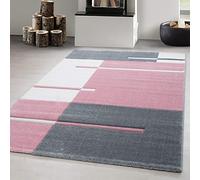 Carpetsale24 Tapis 160 x 230 cm, poils courts, contours découpés, rose gris blanc, carreaux, lavable, entretien facile, extra doux, salon salle à manger chambre