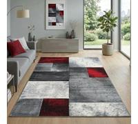 Carpetsale24 Tapis 160 x 230 cm, poils courts, contours découpés, rouge, gris, blanc, carreaux, lavable, entretien facile, extra doux, salon, salle à manger, chambre