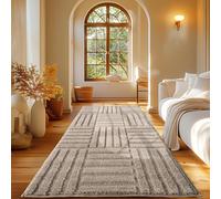 Carpetsale24 Tapis Coureur 60x110 cm Beige à Poils Longs Design Scandi Boho à Carreaux Effet Relief Shaggy Doux Moelleux Robuste Facile à Nettoyer Moderne pour Chambre, Couloir