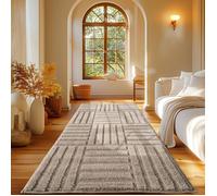 Carpetsale24 Tapis Coureur 60x110 cm Beige Scandi Boho à Carreaux Shaggy Doux Moelleux Effet Relief Moderne Facile à Nettoyer