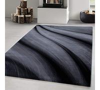 Carpetsale24 Tapis courts poils - 80x150 cm - Design moderne vague abstrait - Noir gris - Entretien facile - Couloir cuisine petite pièce