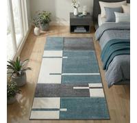 Carpetsale24 Tapis de couloir 80 x 150 cm, poils courts, contours découpés, bleu, gris, blanc, carreaux, lavable, entretien facile, extra doux, cuisine, chambre