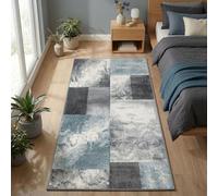 Carpetsale24 Tapis de couloir 80 x 150 cm, poils courts, contours découpés, bleu, gris, blanc, carreaux, lavable, entretien facile, extra doux, cuisine, chambre