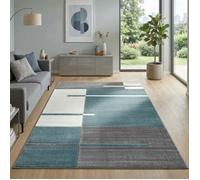 Carpetsale24 Tapis 120 x 170 cm, poils courts, contours découpés, bleu, gris, blanc, carreaux, extra doux, lavable, facile entretien, salon, chambre, salle à manger