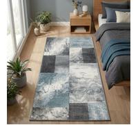 Carpetsale24 Tapis de couloir 80 x 150 cm, poils courts, contours découpés, bleu, gris, blanc, carreaux, lavable, entretien facile, extra doux, cuisine, chambre