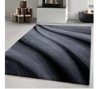 Carpetsale24 Tapis à poils courts 200 x 290 cm, design moderne à vagues abstraites en noir et gris, facile d'entretien, idéal pour les grands salons, les salles à manger ou les espaces de vie ouverts