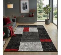Carpetsale24 Tapis de salon Rouge - Noir 240x340 cm motif à carreaux chiné tapis à poils courts tapis sculpté à la main