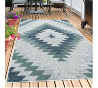 Carpetsale24 Tapis d'extérieur Bleu, Conception géométrique, Tapis pour terrasse-balcon-jardin ou cuisine, 80x250 cm
