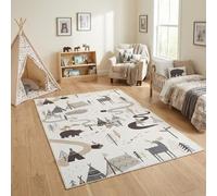 Carpetsale24 Tapis Enfant Forêt Animaux Tapis de Jeu pour Chambre d Enfant en Crème avec Motif Ours Cerf et Tente Taille 80x150 cm Ideal pour Petits espaces de Jeu