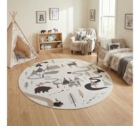 Carpetsale24 Tapis Enfant Forêt Animaux Tapis de Jeu Rond 200 cm pour Chambre d Enfant en Crème avec Motif Aventure Ideal pour Grandes Surfaces de Jeu