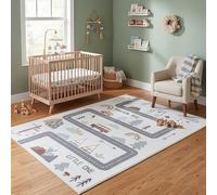 Carpetsale24 Tapis Enfant Route Tapis de Jeu pour Chambre d Enfant en Crème avec Motif Véhicules et Nature Taille 200x290 cm Ideal pour Salle de Jeux