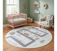 Carpetsale24 Tapis Enfant Route Tapis de Jeu Rond 160 cm pour Chambre d Enfant en Crème avec Motif Véhicules et Nature Ideal comme Surface de Jeu