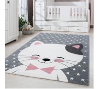 Carpetsale24 Tapis pour Chambre d'Enfant et de Bébé Joli motif de chat couleur rose gris et blanc 120x170 cm