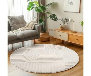 Carpetsale24 Tapis Rond 120 cm Crème à Poils Longs Design bohème scandinave Effet Relief Shaggy Doux Moelleux Robuste Facile à Nettoyer Moderne pour Table d'Appoint
