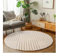 Carpetsale24 Tapis Rond 160 cm Crème Scandi Boho à Carreaux Shaggy Doux Moelleux Effet Relief Moderne Facile à Nettoyer
