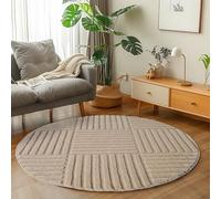 Carpetsale24 Tapis Rond 80 cm Beige à Poils Longs Design Scandi Boho à Carreaux Effet Relief Shaggy Doux Moelleux Robuste Facile à Nettoyer Moderne pour Table d'Appoint