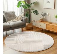 Carpetsale24 Tapis Rond 80 cm Crème à Poils Longs Design bohème scandinave Effet Relief Shaggy Doux Moelleux Robuste Facile à Nettoyer Moderne pour Table d'Appoint