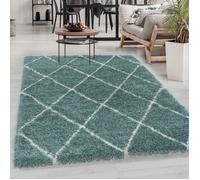 Carpetsale24, Tapis Shaggy à poils longs, design losanges, Bleu 80x250 cm, tapis de salon, tapis de chambre, entretien facile