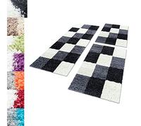 Carpettex Set de 3 Tapis Coureur Bordure de lit Shaggy Pile Longue Motif a Carreaux Plusieurs Couleurs au Choix, Couleur:Noir, Parure de lit :2 pcs 60x110 + 1 pcs 80x150