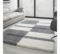 Carpettex Shaggy Flokati Tapis de salon, à poils longs, moderne, design à carreaux, 80 x 150 cm, gris clair, doux, moelleux, lavable, pour couloir, chambre à coucher, cuisine