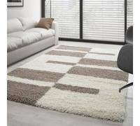Carpettex Tapis 140x200 cm Beige-Crème Shaggy Poils Longs Carreaux Doux