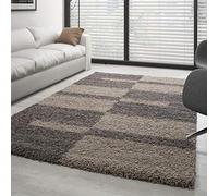 Carpettex Tapis 140x200 cm Taupe-Beige Shaggy Poils Longs Carreaux Doux