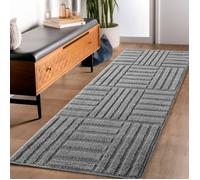 Carpettex Tapis Coureur 80x250 cm Gris à Poils Longs Design Scandi Boho à Carreaux Effet Relief DModerne pour Chambre, Couloir