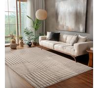 Carpettex Tapis de Salon 120x170 cm Beige à Poils Longs Design Scandi Boho à Carreaux Effet Relief Shaggy Doux Moelleux Robuste Facile à Nettoyer Moderne pour Chambre à Coucher