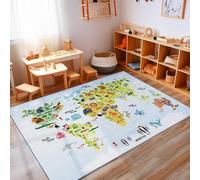Carpettex Tapis Enfant 80x120 cm Bleu Carte Monde Animaux Antidérapant