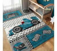 Carpettex Tapis Enfant 80x150 cm Bleu Voiture de Course Lavable Doux