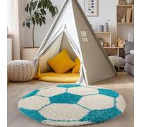 Carpettex Tapis Enfant Rond 120 cm Bleu Blanc Poils Longs Football