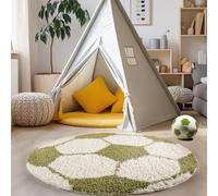 Carpettex Tapis Enfant Rond 120 cm Vert Blanc Poils Longs Football