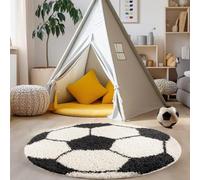 Carpettex Teppich Tapis pour Enfants à Poil Long en Forme de Ballon de Football, Moelleux et Super Doux pour la Chambre d'enfant., Couleur: Noir, Taille: 100 cm Rond
