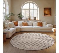 Carpettex Tapis Rond 120 cm Beige Design à Carreaux Bouclé Boucles Style Scandinave Moderne Doux Résistant Facile à Nettoyer pour Salon Salle à Manger Chambre
