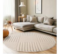 Carpettex Tapis Rond 120 cm Crème à Poils Longs Design Scandi Boho à Carreaux Effet Relief DModerne pour Table d'Appoint