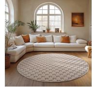 Carpettex Tapis Rond 200 cm Beige Design à Carreaux Scandinave Doux Résistant Facile à Nettoyer Grand Tapis Salon Chambre.