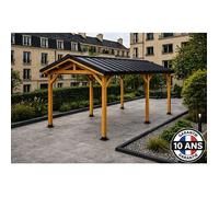 Carport bois Douglas 2 pentes 15 m² 6 poteaux avec couverture acier laqué teinte ardoise. Abri extérieur.Garantie 10 ans